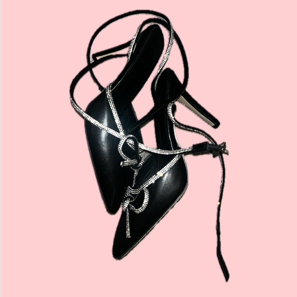 Black Women's Heels with Rhinestone Bow & Tie